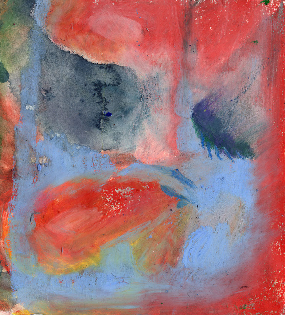 tvorba Jantra vyplazuju jazyk na kopci olejovy pastel a akvarel 14x14 cm